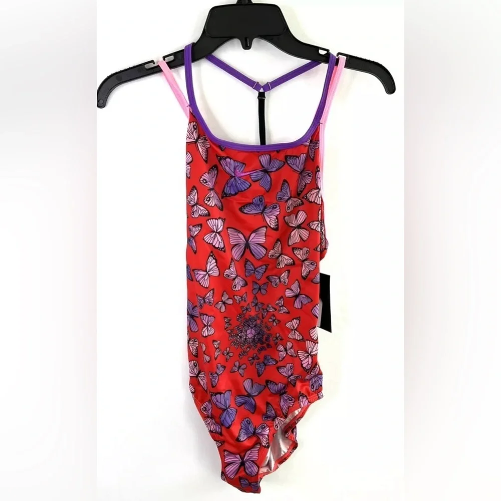 Nike Girl’s Crossback One Piece Red Butterfly Print Swimsuit Size XL